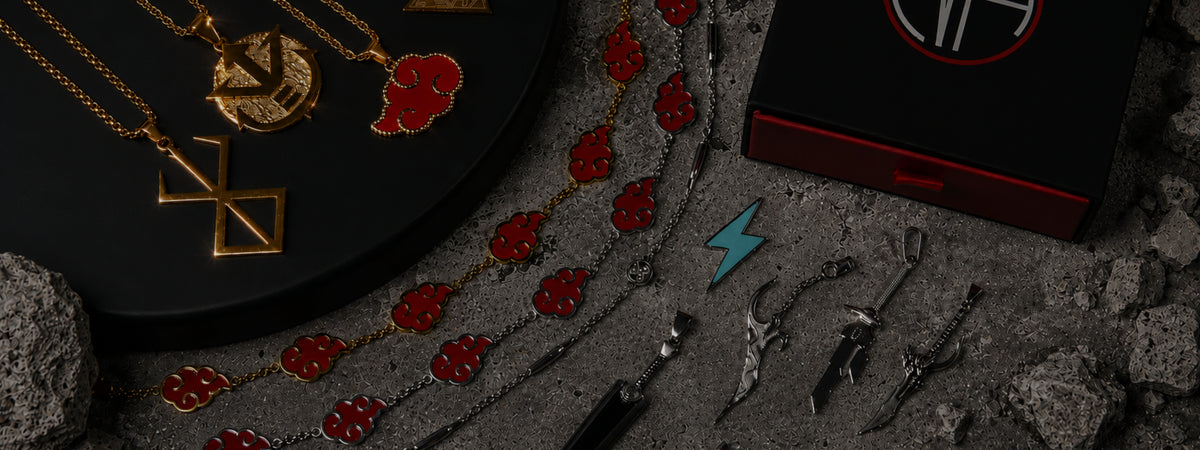 NANIMERICA pieces laid out on stone: Cloud bracelets and pendants with Sacrifice, Dragonslayer and Venomfang pendants