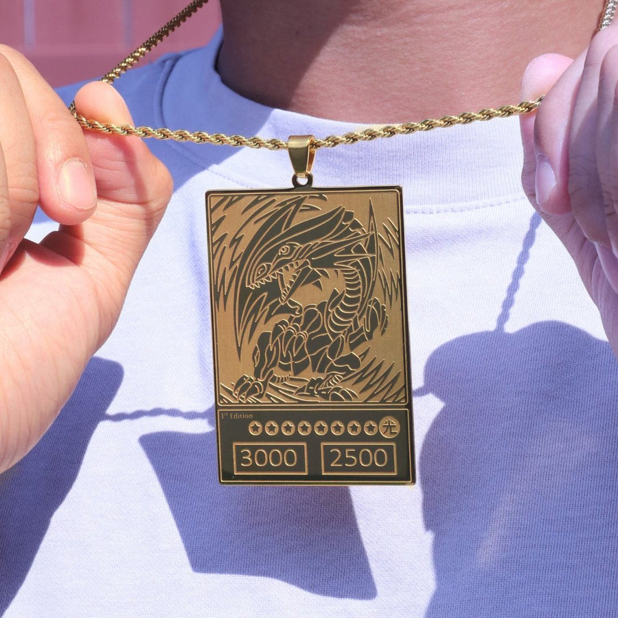 BEWD card pendant held up on its chain