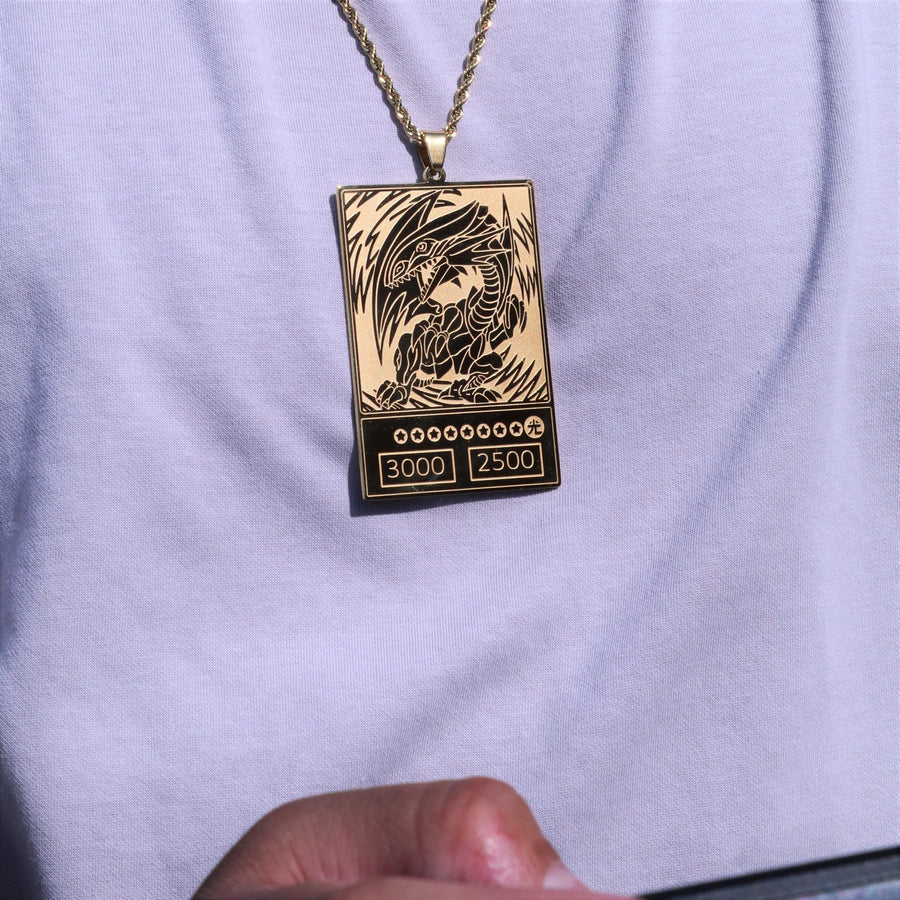 BEWD card pendant worn over a tee