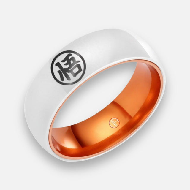 White kanji emblem ring in titanium with an orange inner band – NANIMERICA
